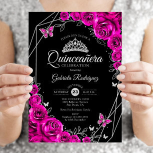Quinceanera Fuchsia Pink Black Silver Floral Invitation