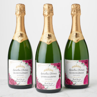 Quinceañera Fuchsia Pink Floral Princess Gown Gold Sparkling Wine Label
