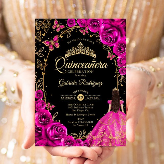 Quinceanera Fuchsia Pink Gold Black Invitation (Creator Uploaded)
