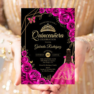 Quinceanera Fuchsia Pink Gold Dress Floral Invitation