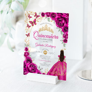 Quinceanera Fuchsia Pink Gold Floral Acrylic Invitations