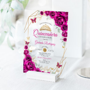 Quinceanera Fuchsia Pink Gold Floral Acrylic Invitations