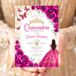 Quinceanera Fuchsia Pink Gold Floral Invitation<br><div class="desc">Fuchsia pink,  gold and white Quinceanera celebration invitation. Features brunette girl in ball gown dress,  script font,  gold butterflies,  watercolor roses and tiara. Perfect for an elegant princess style glam celebration. Personalize with your own details. Printed Zazzle invitations or instant download digital printable template.</div>