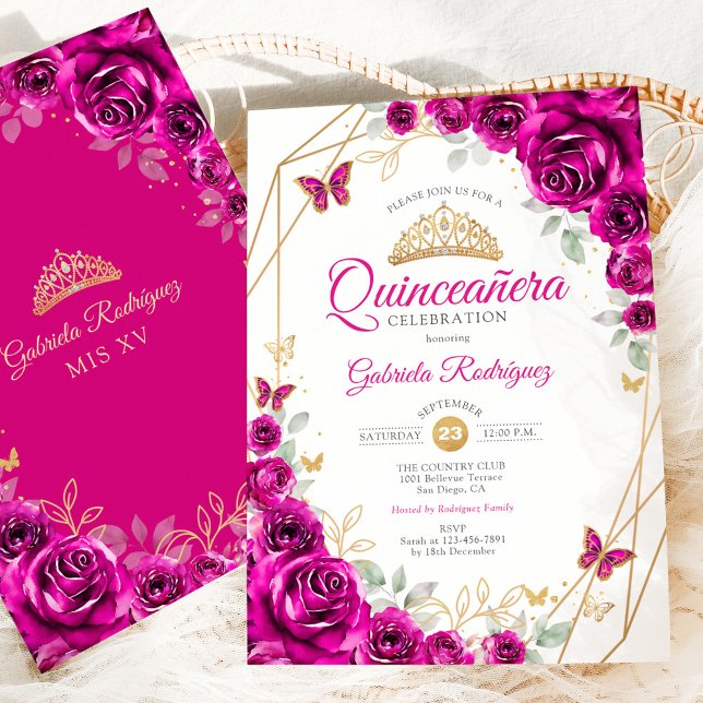 Quinceanera Fuchsia Pink Gold Floral Invitation (Creator Uploaded)