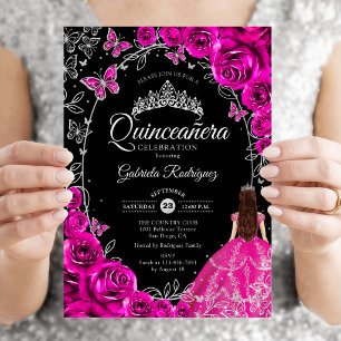 Quinceanera Fuchsia Pink Silver Black Invitation
