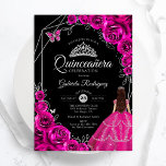Quinceanera Fuchsia Pink Silver Dress Floral Invitation<br><div class="desc">Fuchsia pink black and silver Quinceanera celebration invitation. Features brunette girl in ball gown dress,  script font,  silver butterflies,  watercolor roses and tiara. Perfect for an elegant princess style glam celebration. Personalize with your own details. Printed Zazzle invitations or instant download digital printable template.</div>