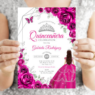 Quinceanera Fuchsia Pink Silver Dress Invitation