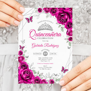 Quinceanera Fuchsia Pink Silver Floral Invitation