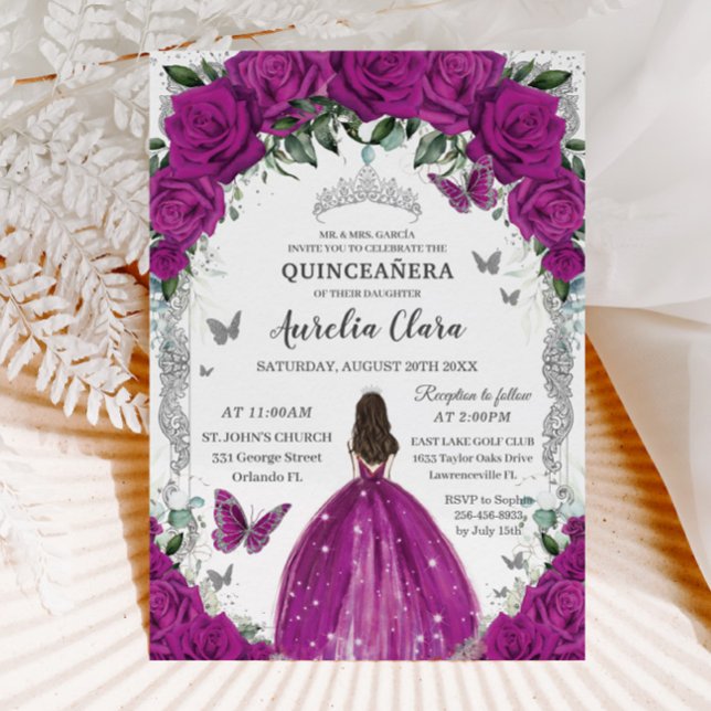 Quinceañera Fuchsia Roses Floral Vintage Silver Invitation (Creator Uploaded)