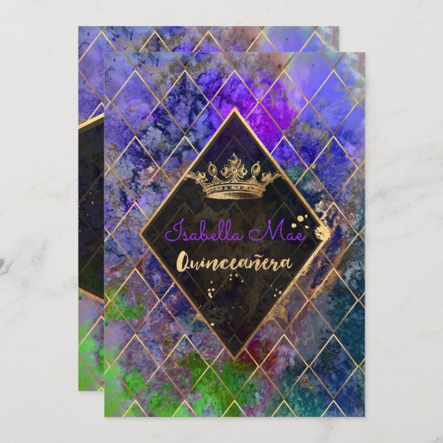 Quinceanera/Galaxy/Neon Purple/Princess/Crown Invitation (Front/Back)