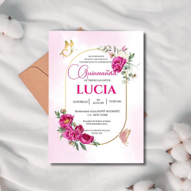 Quinceañera Geometric Pink Fuchsia Floral Gold  Invitation (Creator Uploaded)
