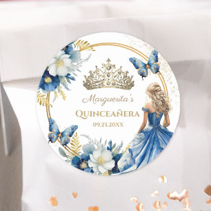 Quinceañera Girl Blue Floral Gold Tiara Butterfly Classic Round Sticker