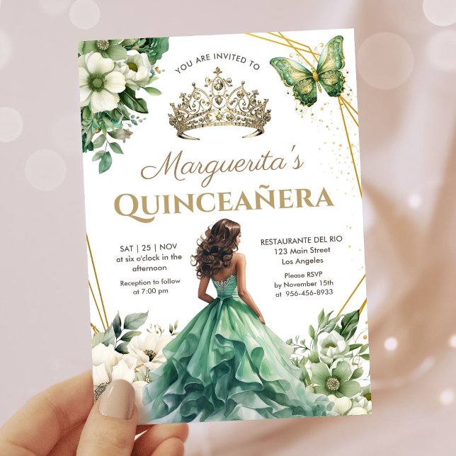 Quinceañera Girl Green Gold Tiara Floral Butterfly Invitation (Creator Uploaded)