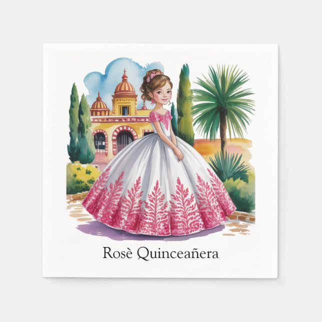 Quinceañera Girl in Pink and White Gown  Napkin (Front)