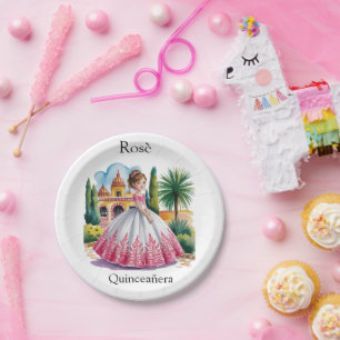 Quinceañera Girl in Pink and White Gown  Paper Plate