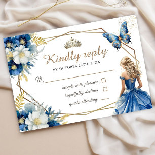 Quinceañera Girl Royal Blue Tiara Floral Butterfly RSVP Card