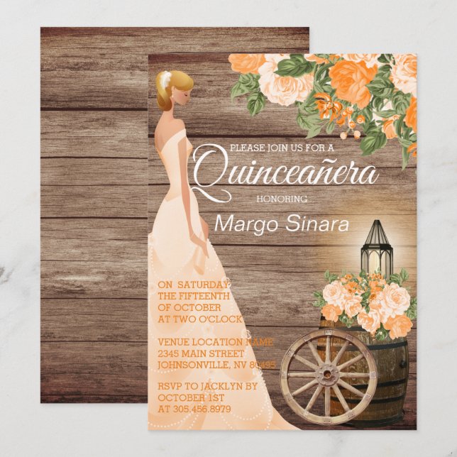 Quinceañera Girl - Wood Barrel & Orange Flowers Invitation (Front/Back)