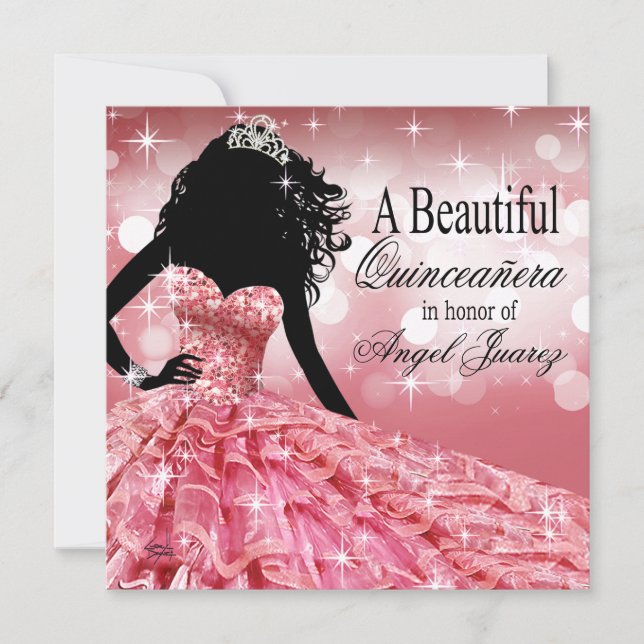 Quinceanera Glitter Ball Gown | pink Invitation (Front)