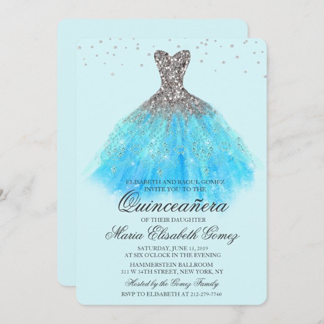 Quinceanera Glitter Dress Diamond Invitation (Front/Back)