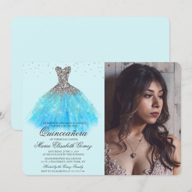 Quinceanera Glitter Dress Diamond Photo Invitation (Front/Back)