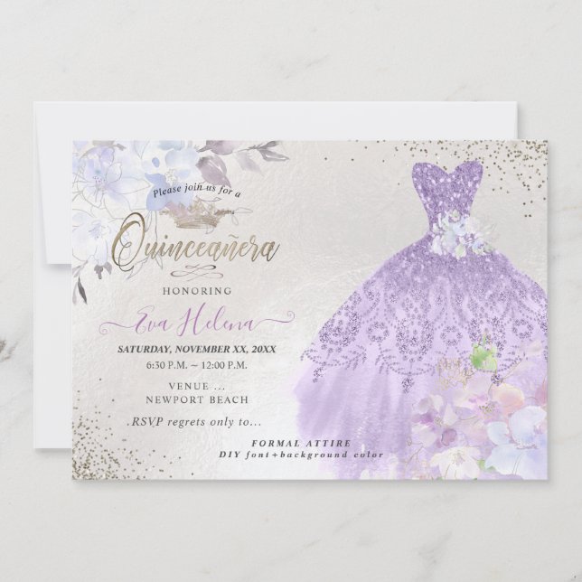 Quinceañera Glitters Gown Dusty Purple Lilac Invitation (Front)