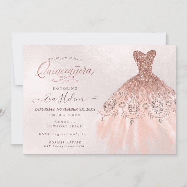 Quinceañera , Glitters Gown, Faux Rose Gold Invitation (Front)