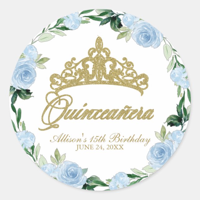 Quinceanera God Tiara Baby Blue Floral Classic Round Sticker (Front)