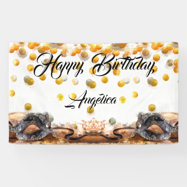 Quinceañera Gold and Black Confetti Masquerade Banner (Horizontal)