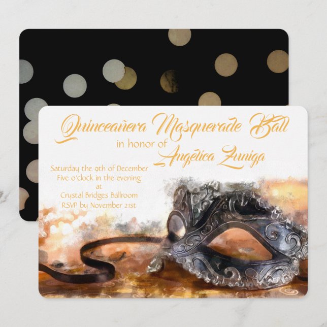 Quinceañera Gold and Black Masquerade Watercolor Invitation (Front/Back)
