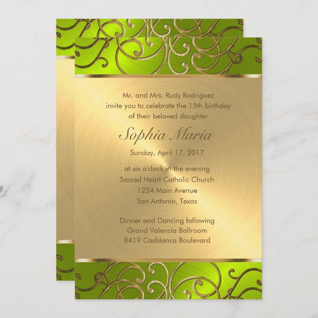 Quinceanera Gold and Lime Filigree Swirl Border Invitation (Front/Back)