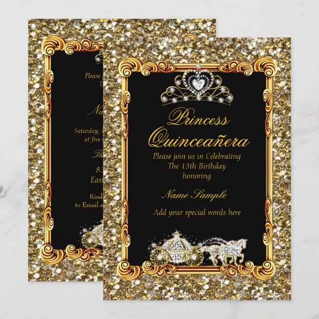 Quinceanera Gold Black Horse Carriage Fairytale Invitation (Front/Back)