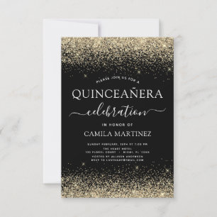 Quinceanera Gold Black Modern Glitter Sparkle Invitation