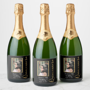 Quinceanera Gold Black Photo Champagne Label
