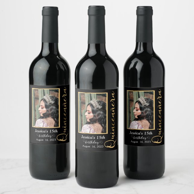 Quinceanera Gold Black Photo Elegant Wine Label (Bottles)