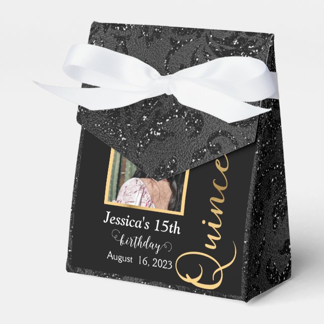 Quinceanera Gold Black Photo Glitter Favour Box (Front Side)