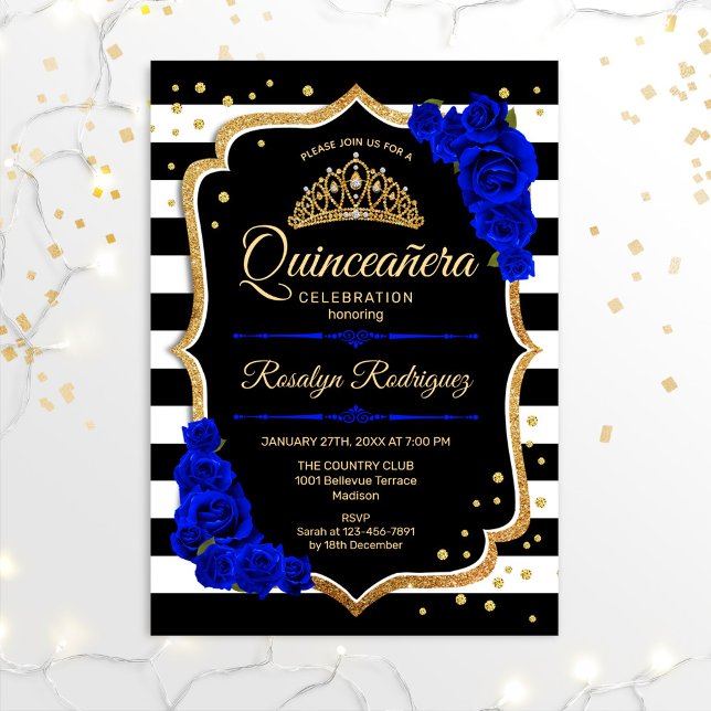 Quinceanera - Gold Black Royal Blue Invitation (Creator Uploaded)