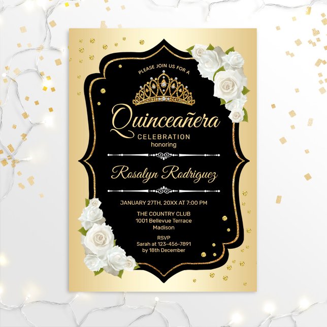 Quinceanera - Gold Black White Invitation (Creator Uploaded)