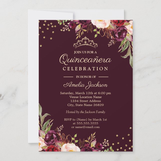 Quinceanera Gold Burgundy floral Sparkle Invitation (Front)