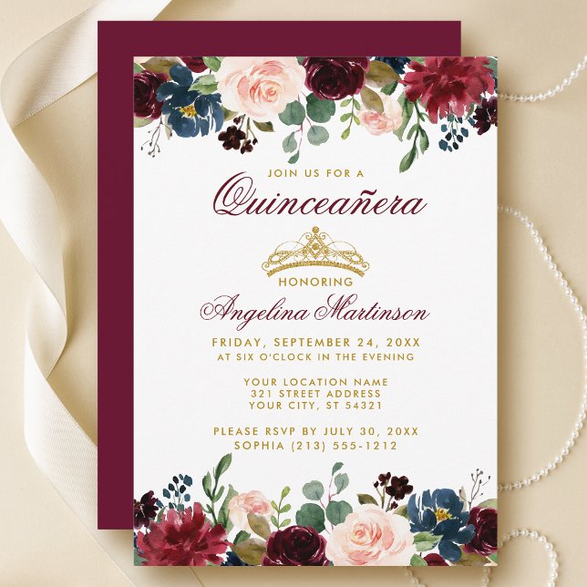 Quinceanera Gold Crown Burgundy Blue Floral Invite (Customize to change text color, style, add text & photos to back or change color of back of card.)