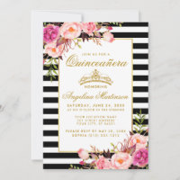 Quinceanera Gold Crown Pink Floral Stripes