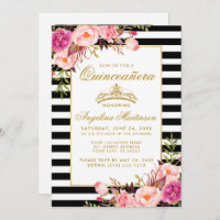 Quinceanera Gold Crown Pink Floral Stripes Photo