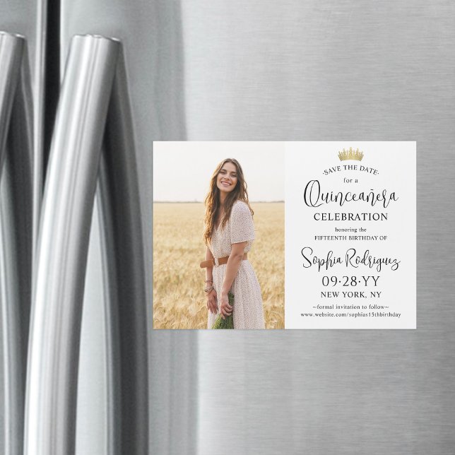 Quinceañera Gold Crown Save the Date Modern Photo Magnetic Invitation (Creator Uploaded)