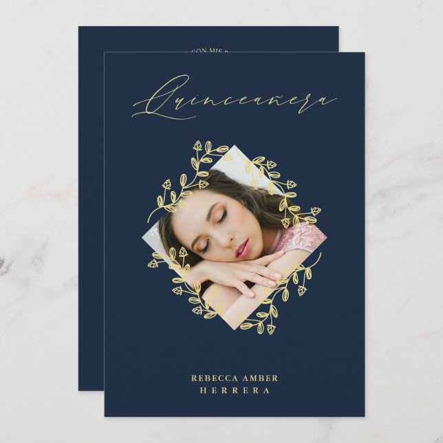 Quinceañera Gold Diamond Wildflower Navy Photo Invitation (Front/Back)