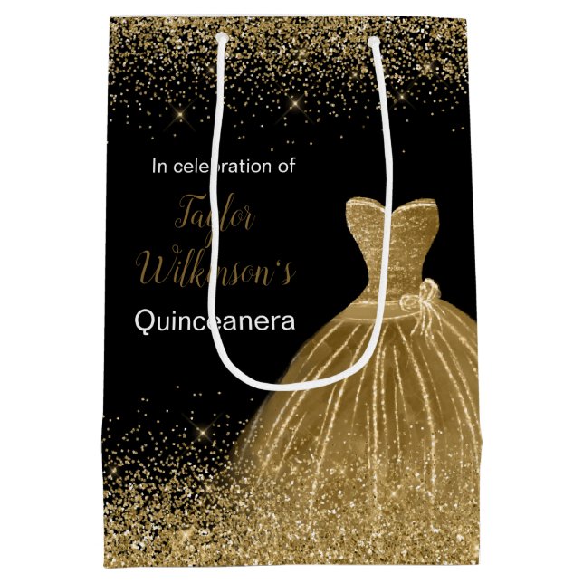 Quinceanera Gold Dress Faux Glitter Medium Gift Bag (Back)