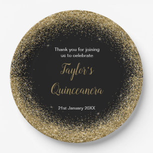Quinceanera Gold Dress Faux Glitter Paper Plate