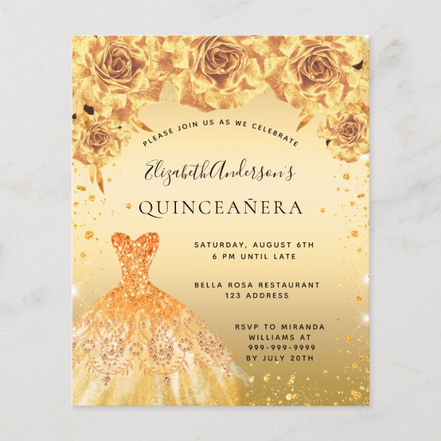 Quinceanera gold dress floral budget invitation flyer (Front)