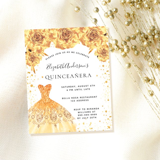 Quinceanera gold dress floral budget invitation flyer (Creator Uploaded)