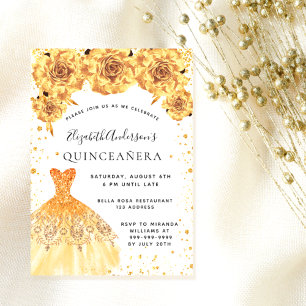 Quinceanera gold dress floral glamourous invitation