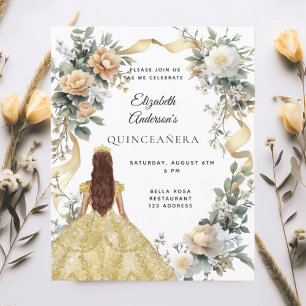Quinceanera gold dress florals greenery invitation