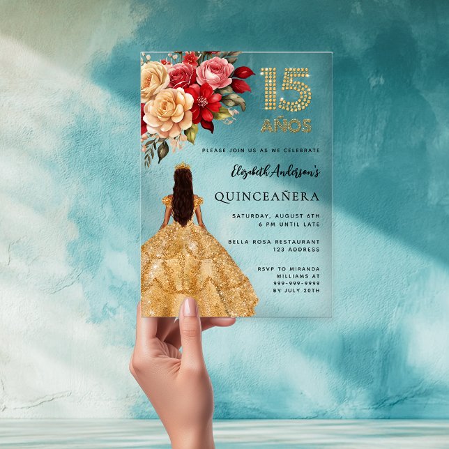 Quinceanera gold dress florals roses clear acrylic invitations (Creator Uploaded)